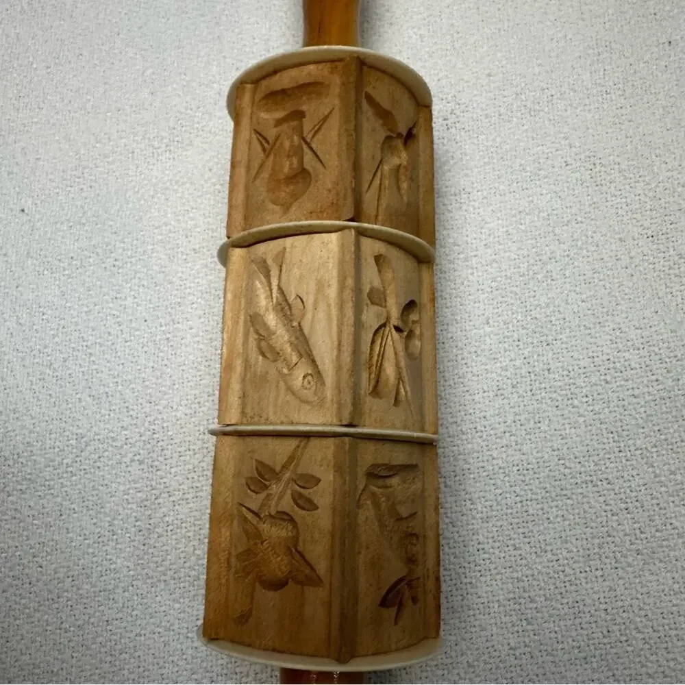 Vintage wooden carved Springerle mold cookie cutter rolling pin